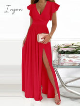 Ingvn - Female Short Butterfly Sleeve Split Fork Party Dress Solid Slim V Neck High Waist Women