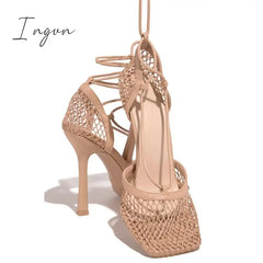 Ingvn - Fishnet Squared Toe Lace Up Heels