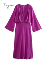 Ingvn - Flare Sleeve Solid Purple V Neck Long Dresses A-Line Elegant High Waisted Loose Midi Dress