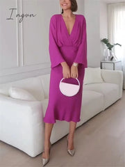 Ingvn - Flare Sleeve Solid Purple V Neck Long Dresses A-Line Elegant High Waisted Loose Midi Dress