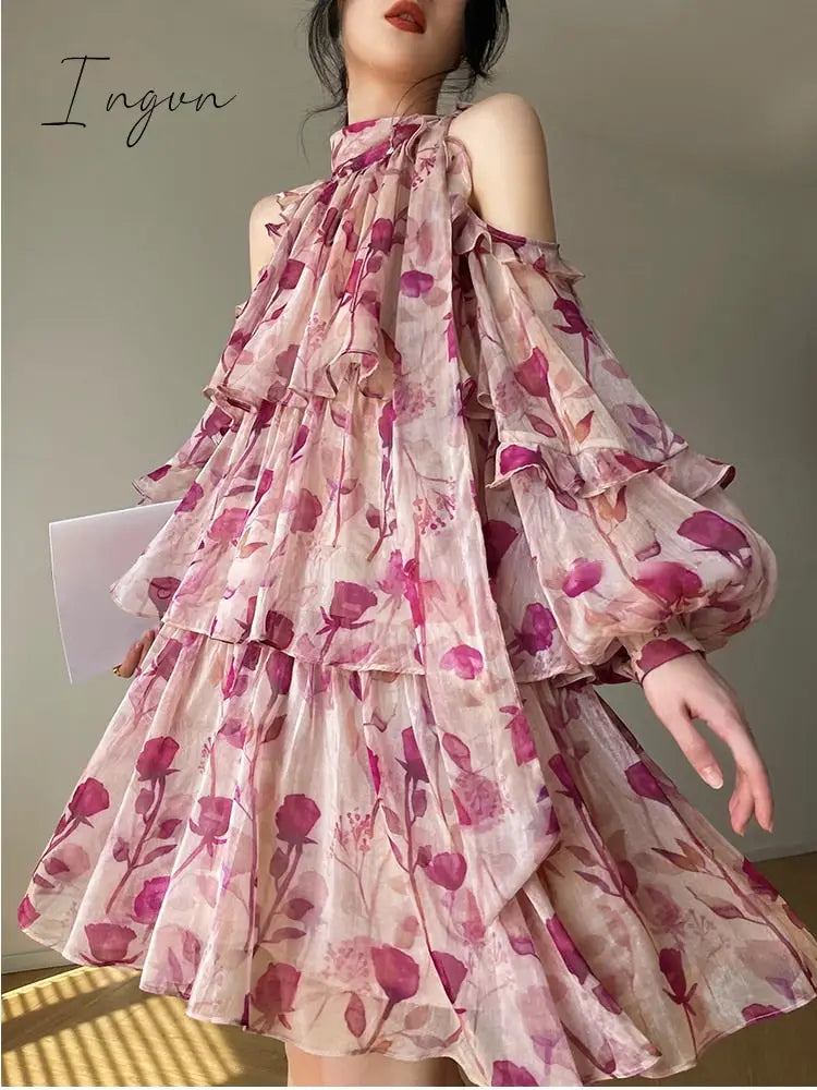 Ingvn - Floral Mini Dress Beach Style Woman Boho Long Sleeve Short Party Casual Elegant Korean