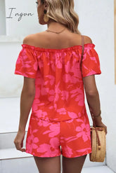 Ingvn - Floral Off-Shoulder Top And Shorts Set