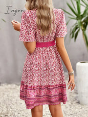 Ingvn - Floral Print Bohemian Style V-Neck Flutter Sleeve Dress