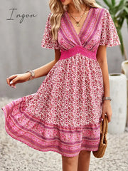 Ingvn - Floral Print Bohemian Style V-Neck Flutter Sleeve Dress