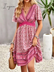Ingvn - Floral Print Bohemian Style V-Neck Flutter Sleeve Dress