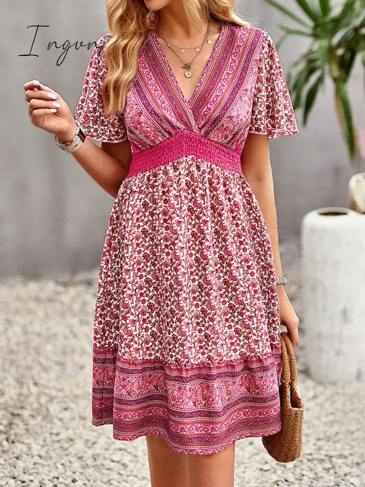 Ingvn - Floral Print Bohemian Style V-Neck Flutter Sleeve Dress Hot Pink / S