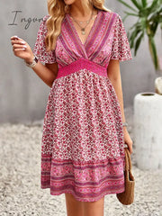 Ingvn - Floral Print Bohemian Style V-Neck Flutter Sleeve Dress Hot Pink / S
