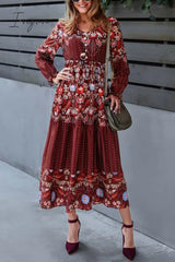 Ingvn - Floral Print Decorative Buttons V-Neck Flounce Sleeve Midi Dress