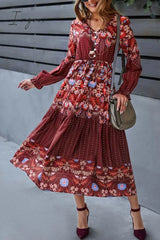 Ingvn - Floral Print Decorative Buttons V-Neck Flounce Sleeve Midi Dress Wine / S