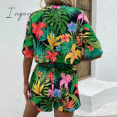 Ingvn - Floral Print Round Neck Dropped Shoulder Half Sleeve Top And Shorts Set