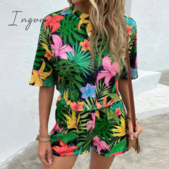 Ingvn - Floral Print Round Neck Dropped Shoulder Half Sleeve Top And Shorts Set