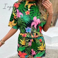 Ingvn - Floral Print Round Neck Dropped Shoulder Half Sleeve Top And Shorts Set