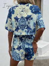Ingvn - Floral Print Round Neck Dropped Shoulder Half Sleeve Top And Shorts Set
