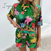 Ingvn - Floral Print Round Neck Dropped Shoulder Half Sleeve Top And Shorts Set / S