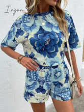 Ingvn - Floral Print Round Neck Dropped Shoulder Half Sleeve Top And Shorts Set / S