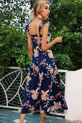 Ingvn - Floral Print Sleeveless Square Neck Slit Midi Dress