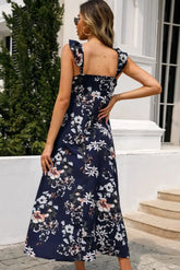 Ingvn - Floral Print Sleeveless Square Neck Slit Midi Dress
