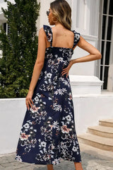 Ingvn - Floral Print Sleeveless Square Neck Slit Midi Dress