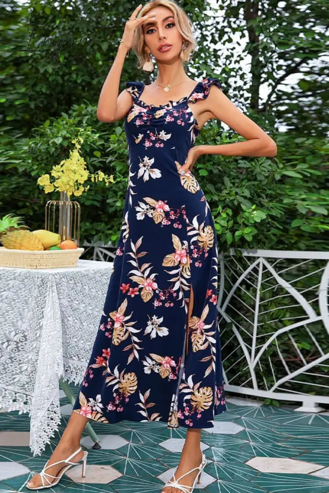 Ingvn - Floral Print Sleeveless Square Neck Slit Midi Dress / Xs