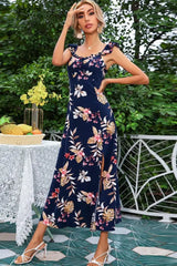 Ingvn - Floral Print Sleeveless Square Neck Slit Midi Dress / Xs