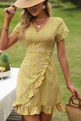 Ingvn - Floral Short Sleeve Surplice Neck Ruffled Dress