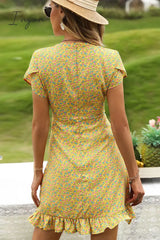 Ingvn - Floral Short Sleeve Surplice Neck Ruffled Dress