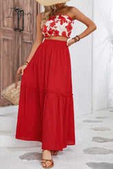 Ingvn - Floral Tube Top And Maxi Skirt Set Deep Red / S
