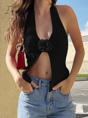 Ingvn - Flower Decoration Sexy Knit Tank Tops Women Summer New Halter V Neck Sleeveless Backless