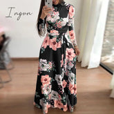 Ingvn - Flower Print Long Sleeve Maxi Dress Spring Autumn Casual Slim Sashes Women Elegant Robe