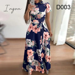 Ingvn - Flower Print Long Sleeve Maxi Dress Spring Autumn Casual Slim Sashes Women Elegant Robe