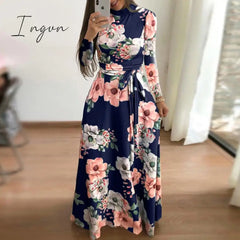 Ingvn - Flower Print Long Sleeve Maxi Dress Spring Autumn Casual Slim Sashes Women Elegant Robe