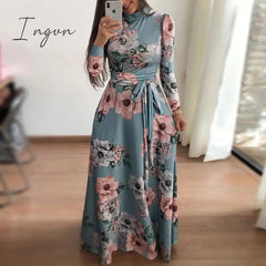Ingvn - Flower Print Long Sleeve Maxi Dress Spring Autumn Casual Slim Sashes Women Elegant Robe