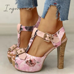 Ingvn - Flower Print Peep Toe Platform Chunky Heels Pink / 5 Sandals