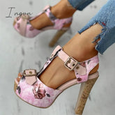 Ingvn - Flower Print Peep Toe Platform Chunky Heels Sandals