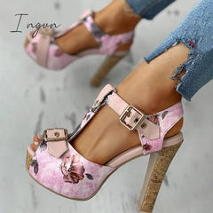 Ingvn - Flower Print Peep Toe Platform Chunky Heels Sandals