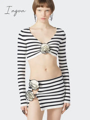 Ingvn - Flower Stripes Skirt Set Women V Neck Full Sleeve Crop Top And Mini Suits Fashion Hollow