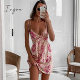 Ingvn - Foridol Casual Floral Boho Elegant French Dress Women Pink Flower Print Bohemian Beach