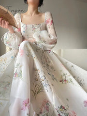 Ingvn - French Elegant Floral Midi Dress Chiffon Long Sleeve Evening Party Woman Beach Fairy One