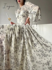 Ingvn - French Elegant Floral Midi Dress Woman Evening Party 2023 Summer Beach Fairy Long Sleeve