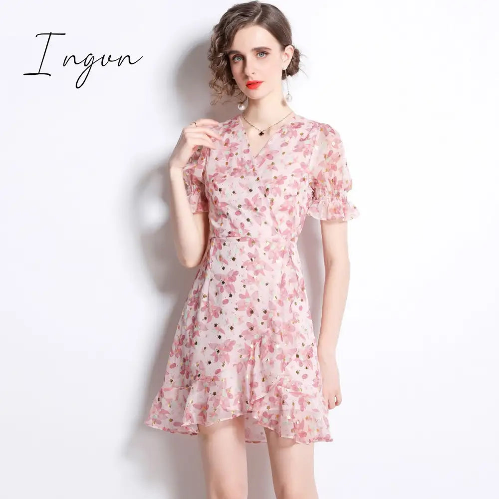 Ingvn - French Gothic Fishtail Floral Summer Dress Women Beach Style Tea Platycodon Grandiflorum