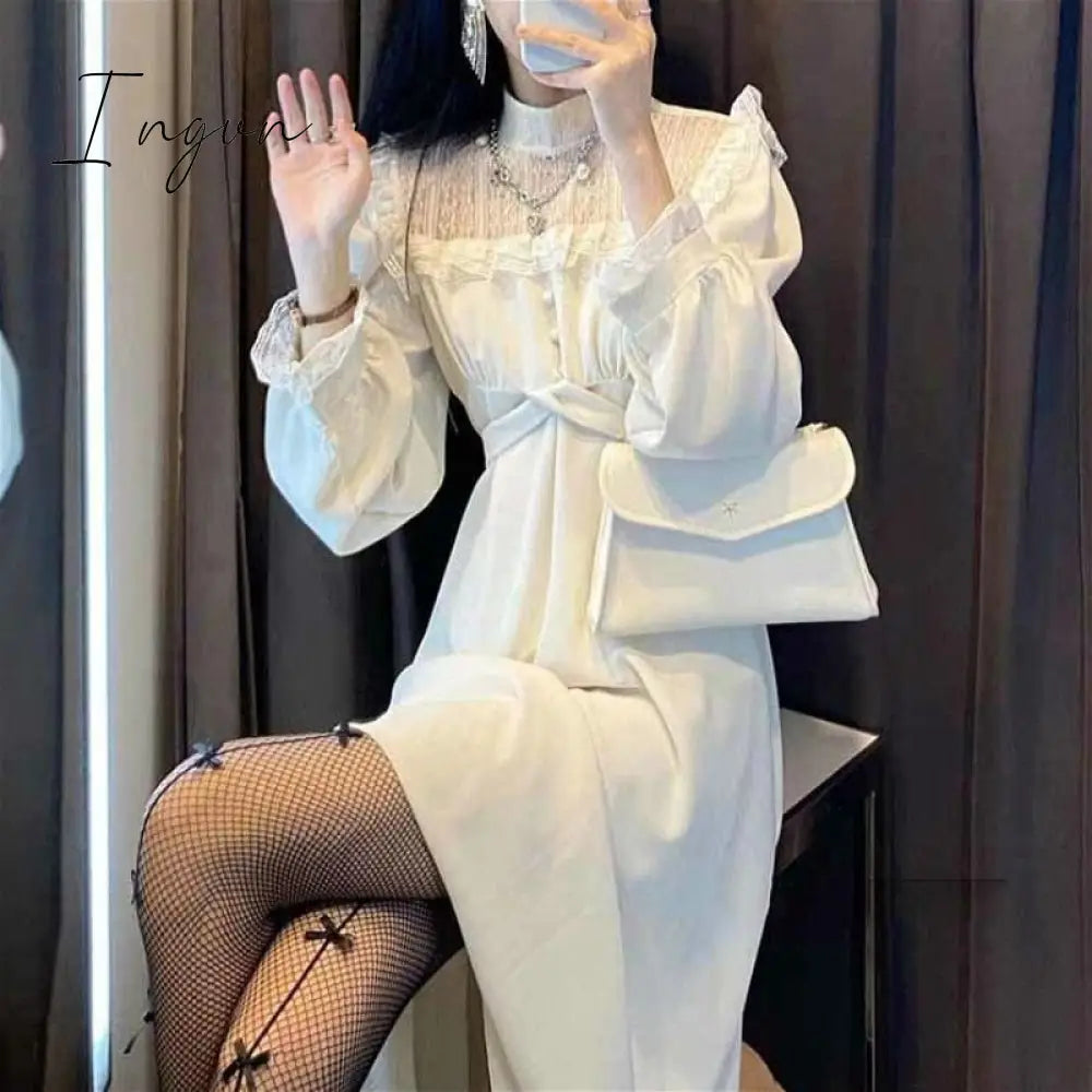 Ingvn - French Lace Vintage Dress Women Fashion Puffer Sleeve Elegant One Piece Korean Spring High
