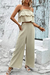 Ingvn - Frill Trim Cami And Wide Leg Pants Set Cream / S