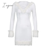 Ingvn - Furry Long Sleeve Hooded Bodycon Mini Dresses Women White V Neck Fuzzy Dress Skinny