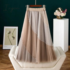 Ingvn - Gauze Patchwork Pleated Midi Skirts Spring Summer New Fashion Streetwear Casual Elastic