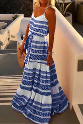 Ingvn - Geometric Printed Loose Ankle Length Dress(4 Colors) S / Blue Dress