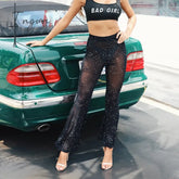 Ingvn - Glitter Black Mesh Sexy Flare Pants Streetwear Rave Bottoms See Through Beach Bell Bottom