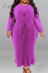 Ingvn - Gold Casual Street Solid Patchwork Draw String Zipper Pleated O Neck Long Sleeve Plus Size