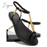 Ingvn - Gold-Tone Chain Braided Ankle Strap Toe Loop Sandals