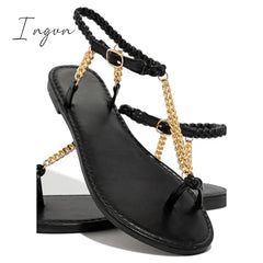 Ingvn - Gold-Tone Chain Braided Ankle Strap Toe Loop Sandals