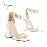 Ingvn - Gold-Tone Chain Embellished Ankle Strap Chunky Heels